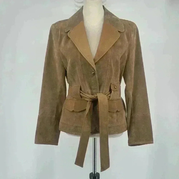 Bernardo Women’s Medium 100% Genuine Leather Jacket Belted Tan Lined Winter Cozy - Picture 1 of 16